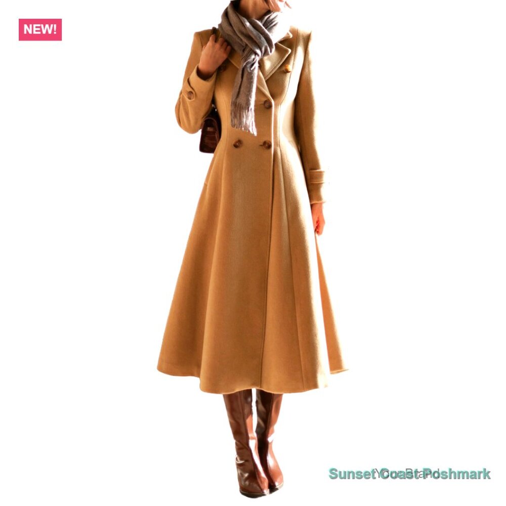Long Wool Blend Double Breasted Trench Coat Fit and Flare Camel Brown